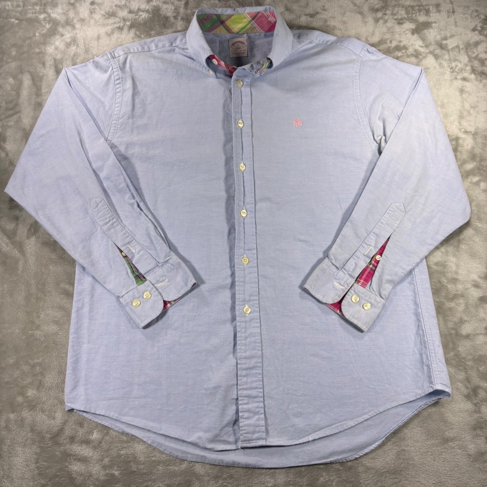 Brooks Brothers 346 Mens Blue Supima Cotton Oxford Button Down Shirt Plaid Trim